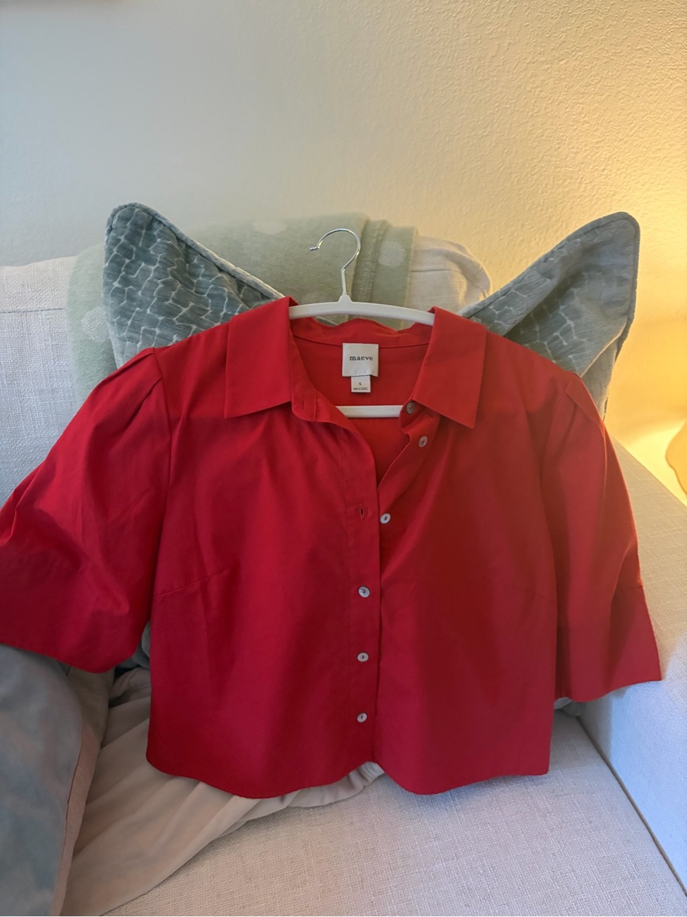Maeve Bright Red Short-Sleeve Cropped Button-Down Shirt